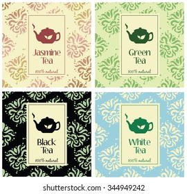 Set of vector illustrations of tea packaging. Hand-drawn patterns  and the teapot icons. Packaging for black tea, green tea, white tea and jasmine tea.