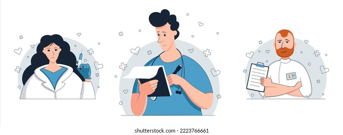 Conjunto de ilustraciones vectoriales de un equipo de médicos. Los médicos están estudiando la información.