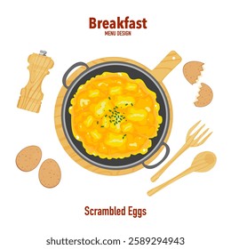 Set of vector illustrations of Thai breakfast food for meals and single dishes. Delicious food, banner, flat, scrambled eggs, bread, sausage, top view, menu, restaurant for food design, easy to edit.