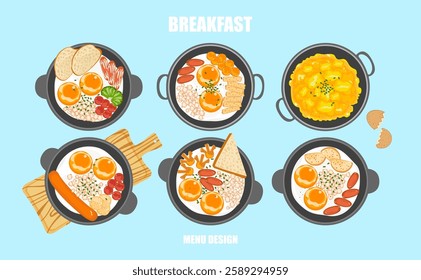 Set of vector illustrations of Thai breakfast food for meals and single dishes. Delicious food, banner, flat, fried eggs, bread, sausage, top view, menu, restaurant for food design, easy to edit.