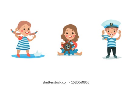 Set Of Vector Illustrations With Three Children  playing Sailors Wearing Suits and sailors hat