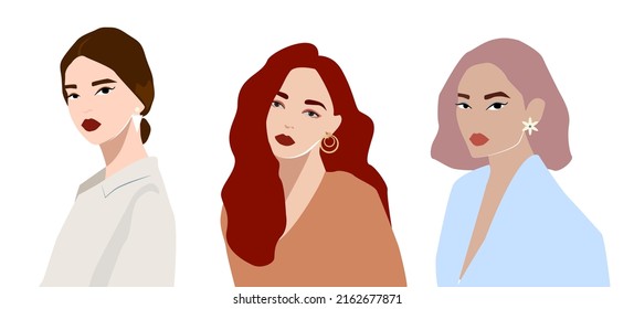 A set of vector illustrations from three different images of women. Stylish girls in different jewelry and clothes. A girl with colored hair, rageous and blonde. Avatar for social networks. Set women