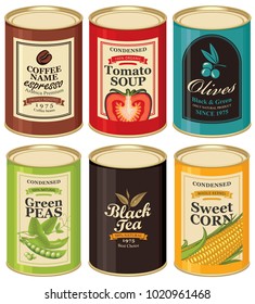 Set of vector illustrations of a tin cans with labels of coffee, tomato soup, olives, green peas, black tea and sweet corn