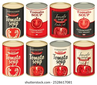 Conjunto de ilustrações vetoriais de latas de estanho com vários rótulos para sopa de tomate condensada com imagens de tomates e inscrições em estilo retro