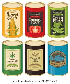 Set of vector illustrations of a tin cans with labels of sweet corn, tomato soup, green peas, canned cannabis, black tea and fish flakes