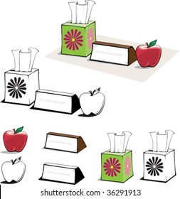 a set of vector illustrations of the top of a desk with name plate, tissue box, and an apple with color and b/w versions- perfect for a school teacher, nurse, or doctor