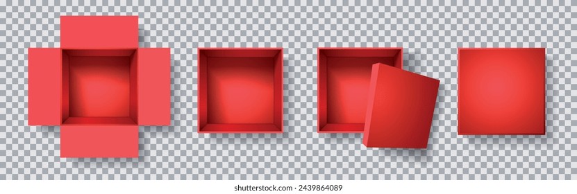 A set of vector illustrations top view of a red gift box, closed and open, with a lid. View from above. Festive present packaging.