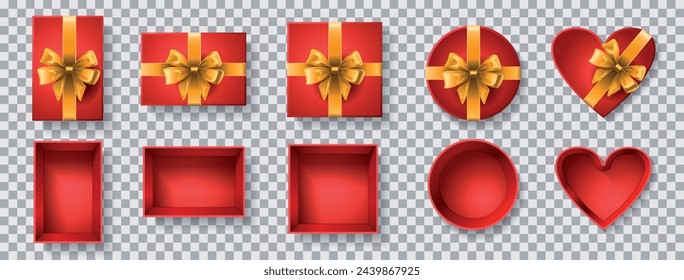 Un conjunto de ilustraciones vectoriales, vista superior de cajas de regalo rojas y tapas con un arco dorado, cuadrado, rectangular, redondo, en forma de corazón. Vista desde arriba. Envoltura festiva del regalo. Aislado. 