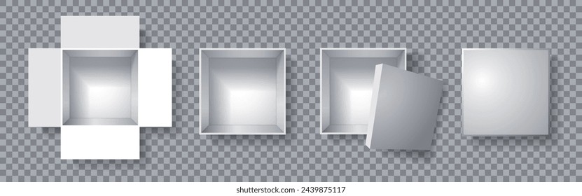 A set of vector illustrations, top view of square grey, white, silver boxes and lids, open and closed. View from above. Festive gift packaging, storage containers. Isolated.