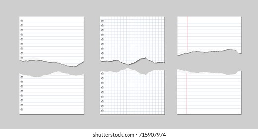 Set of Vector Illustrations of torn pages of notebook paper lined and square with shadows