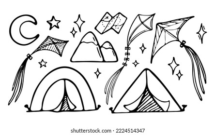  Set of vector illustrations of tourism and camping equipment in doodle style. Hand drawn camping and hiking elements, isolated on white background.