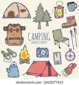 set of vector illustrations of tourism and camping equipment in flat style or Hand drawn icon, logo and elements of camping