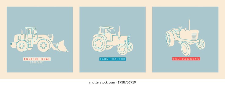 Set of vector illustrations of tractors. Simple flat, retro style. Tractor, hay harvester, harvester, agrimotor. Modern and outdated models of vehicles for agro farms. Agricultural business element.