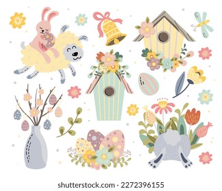 set of vector illustrations of traditional easter items bunny in the grass easter eggs birdhouse