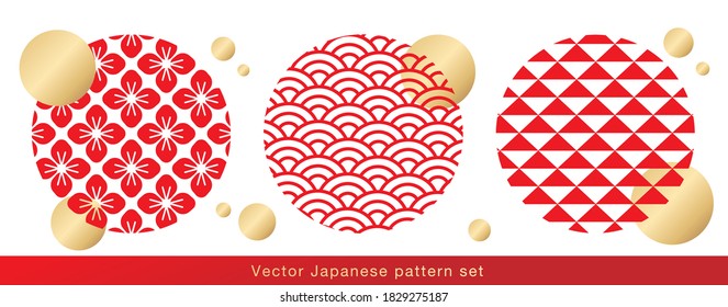 A set of vector illustrations with traditional Japanese patterns. Japanese pattern background and traditional Japanese colors. Crimson or indigo.
