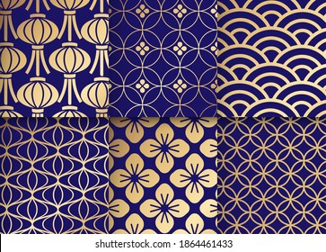 A set of vector illustrations with traditional Japanese patterns. Japanese pattern background and traditional Japanese colors.