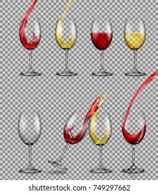 Set of vector illustrations of transparent glass goblets with red and white wine, full, with pouring in them, with a splash of them. Print, template, design element.