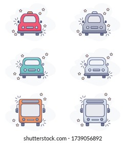 Set of vector illustrations of transport, car, taxi on a light background with stars.