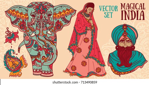 Set of vector illustrations for travel to india: beautiful woman in traditional saree, old man in turban, elephant with mehendi ornament, paisley