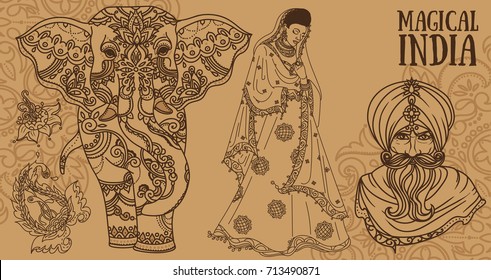 Set of vector illustrations for travel to india in retro style: beautiful woman in traditional saree, old man in turban, elephant with mehendi ornament, paisley