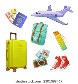 Set of vector illustrations of travel and tourism accessories. Backpack, suitcase, passport,camera,plane,bottle,sneakers