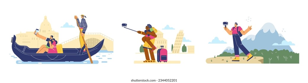 Set of vector illustrations of traveling selfie, video call in adventure, sightseeing. Couple sailing on gondola, woman sits on man and takes selfie against of the Eiffel Tower. Man making video call