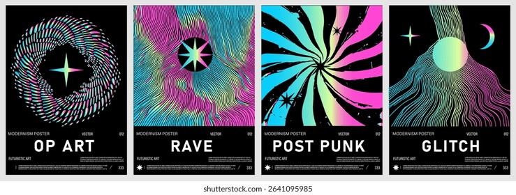 Set of vector illustrations in trending glitch Op Art styles. Features vibrant lines, stars, circles, and abstract shapes. Neon colors and dynamic compositions create energetic poster art.