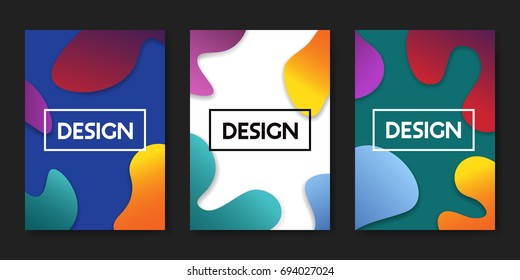 Set of vector illustrations with trendy color fluid shapes. Abstract design posters with colorful geometric elements on white blue and turquoise background.