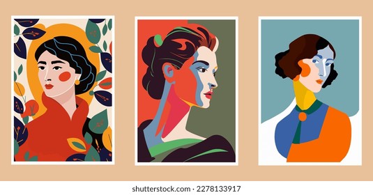 Conjunto de ilustraciones vectoriales en estilo plano moderno. Retratos abstractos de mujeres hermosas. cartel de impresión de arte mural