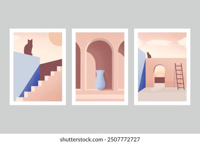 Set of vector illustrations of trendy minimalist buildings, as an ideal composition for art gallery, poster, modern wall art, room decoration, minimalist painting, minimalist interior design.