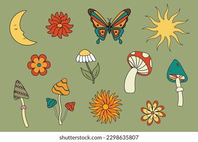 Set of vector illustrations in trendy retro psychedelic cartoon style, 70s hippie stickers and groovy elements. Vector mushrooms, flowers, sun and moon.