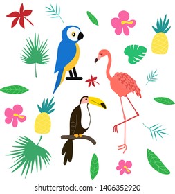 
set of vector illustrations of tropical birds flamingo, toucan and parrot