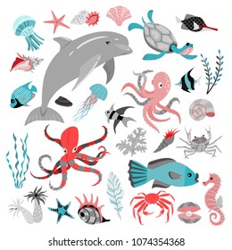 Set of vector illustrations of tropical fish, animal, seaweed and corals.  Sea life. Cute isolated illustrations on white background