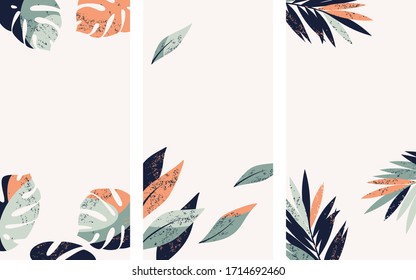 Set of vector illustrations with tropical leaves on a light background for story and cards