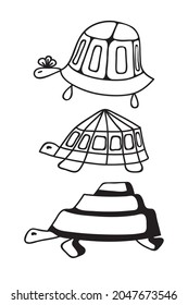 Set of vector illustrations of turtles. Decorative turtles are drawn with a line.
