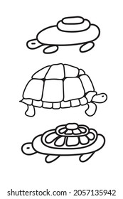 Set of vector illustrations of turtles. Decorative turtles are drawn with a line.