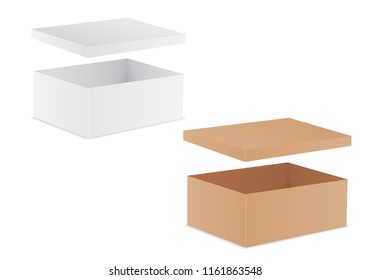 Set of vector illustrations of two cardboard boxes - white and brown with open lid and space for text - isolated on white background