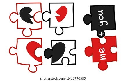 Set of vector illustrations two pieces of a puzzle forming a heart, depicting the idea that love is a matter of two. Insulated in red, black, white colors. hearts, inscriptions, love. Valentine's Day