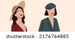 A set of vector illustrations of two women in a headdress. The girls are wearing a summer hat and cap, cap, hat for autumn, coat and dress. Onions for different seasons. Avatar for social network