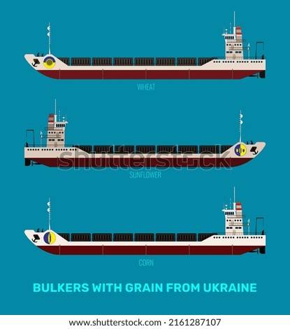 Set of vector illustrations of Ukrainian bulk carriers with cereals corn, sunflower, wheat on a blue sea background. Bulk carriers carry a yellow-blue flag.
