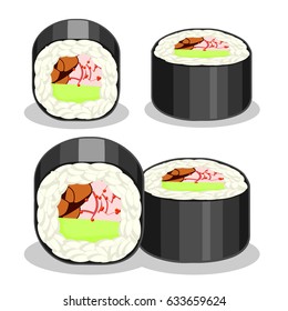 Set of vector illustrations of Unagi hosomaki sushi roll with eel fish, crab and avocado from different angles