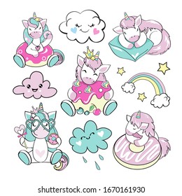 Set of vector illustrations with unicorns and clouds in kawaii style on a white background. Collection for children
