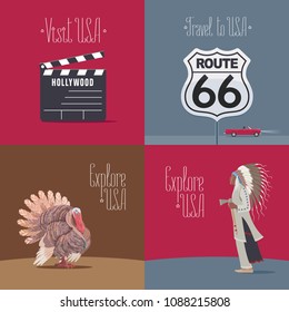 Set of vector illustrations with USA  symbols and landmarks - route 66 sign, American Indian, Thanksgiving turkey. Design elements for visit United States of America  concept 