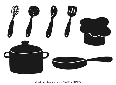 Set of vector illustrations of utensils for cooking isolated on a white background.