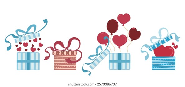 Set of vector illustrations Valentine elements Gift box set with open and close lid Cartoon doodle Valentine symbol Show signs with pink heart balloons and ribbons. Cute style for easy-to-edit designs