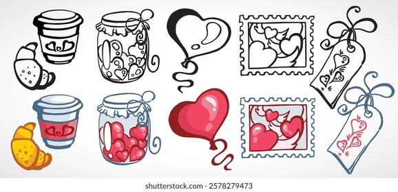 Set of vector illustrations for Valentine s day. Simple, minimalistic, holiday cards. black and white and color