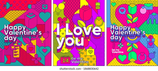 Set of vector illustrations. Valentine's day cards, line graphics and background elements, geometric patterns. Inscriptions - I love you, be my Valentine.