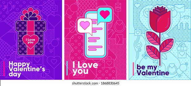 Conjunto de ilustraciones vectoriales. Tarjetas de San Valentín, gráficos de línea y elementos de fondo, patrones geométricos, flor de rosa, regalo, pantalla de teléfono móvil y chat de amor en la pantalla.