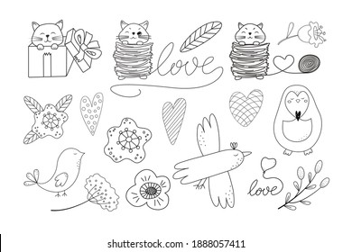 Set of vector illustrations for valentines day. Stylized birds, flowers, kittens in a gift. Love symbol. Hand drawn in doodle style. Design for greeting card, poster, t-shirt print.
