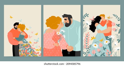 Set of vector illustrations for Valentine's Day with couples among flowers and butterflies. Cute characters in cartoon style